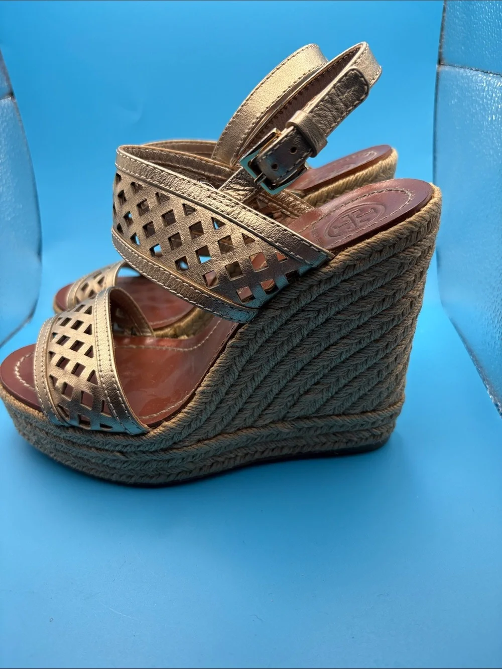 Tory Burch Metallic Bronze Laser-Cut Wedge Sandals
